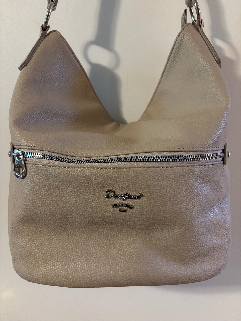 David Jones Beige Pebbled Faux-Leather Hobo Bag